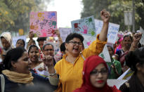 <p>Indian women shout slogans during a march to observe International Women’s Day in New Delhi, India, Thursday, March 8, 2018. Hundreds of women held street plays and marched in the Indian capital, highlighting domestic violence, sexual attacks, and discrimination in jobs and wages. Violent crime against women has been on the rise in India despite tough laws enacted by the government. (Photo: Manish Swarup/AP) </p>