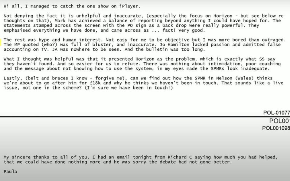 The email in which Paula Vennells described Jo Hamilton to colleagues, as 'lacking passion' and leaving her 'more bored than outraged'