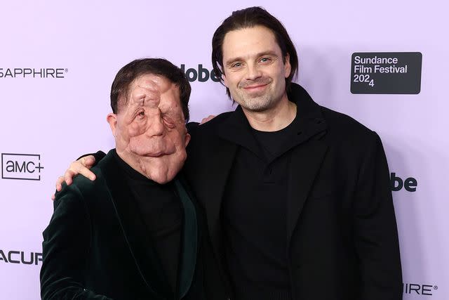 <p>Matt Winkelmeyer/Getty Images</p> Adam Pearson and Sebastian Stan attend the 'A Different Man' premiere