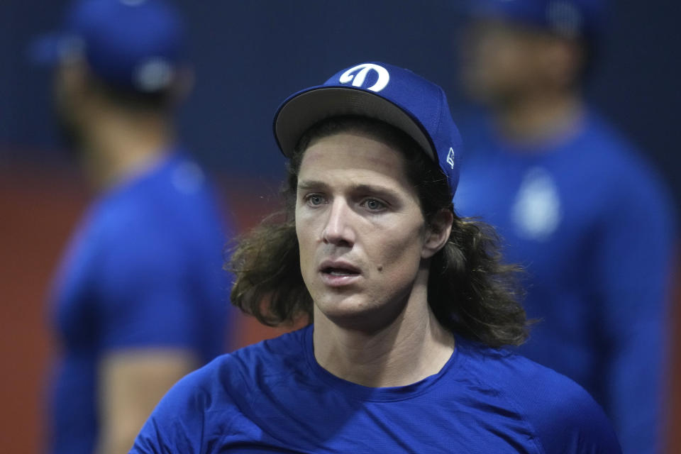 Los Angeles Dodgers' pitcher Tyler Glasnow leaves after attending a baseball workout at the Gocheok Sky Dome in Seoul, South Korea, Tuesday, March 19, 2024. (AP Photo/Lee Jin-man)