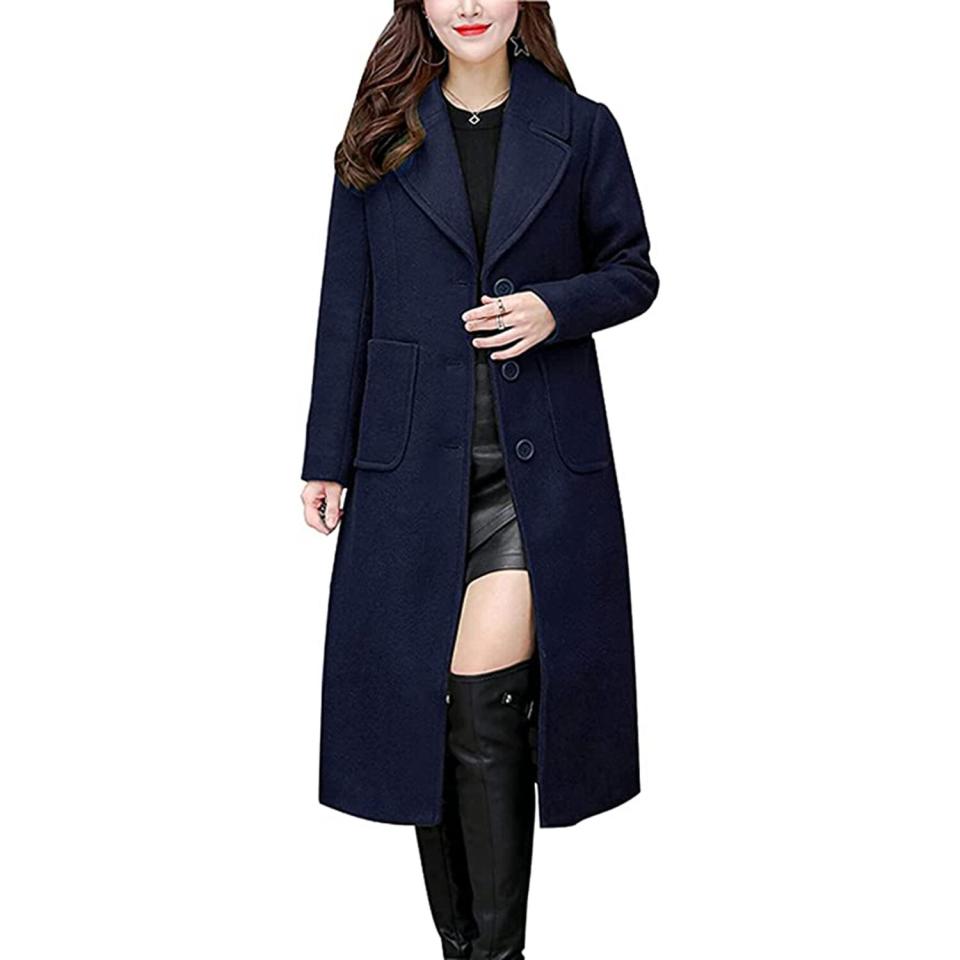 chouyatou Women's Big Notch Lapel Single Breasted Mid-Long Wool Blend Coat