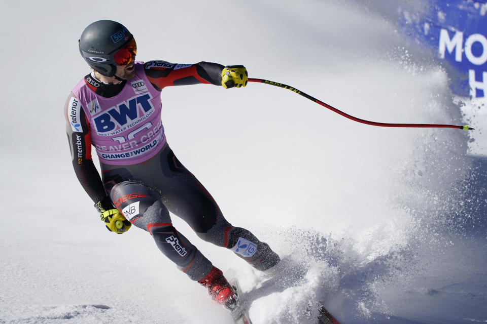 Norway's Aleksander Aamodt Kilde celebrates after finishing his run during a men's World Cup downhill ski race Saturday, Dec. 4, 2021, in Beaver Creek, Colo. (AP Photo/Gregory Bull)