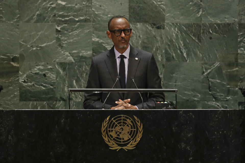 Rwanda's President Paul Kagame addresses the 74th session of the United Nations General Assembly, Tuesday, Sept. 24, 2019, at the United Nations headquarters. (AP Photo/Frank Franklin II)