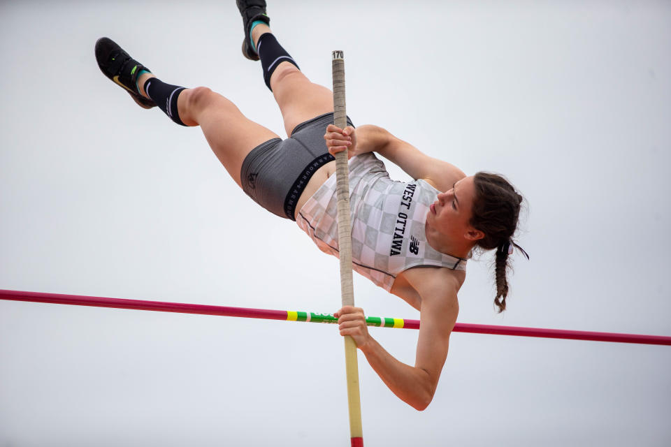 West Ottawa's Natalie Blake competes in the girls pole vault final during the D1 state track and field finals Saturday, June 4, 2022, at Rockford High School.