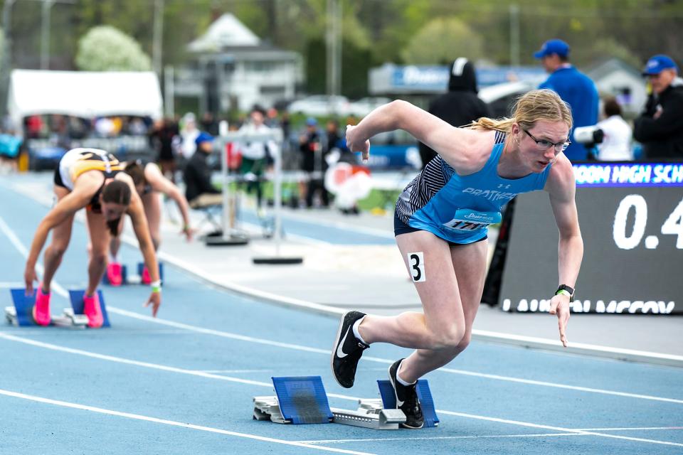 Panorama's Jaidyn Sellers runs out of her blocks in the 400 meter final during the Drake Relays, Friday, April 28, 2023, at Drake Stadium in Des Moines, Iowa. Sellers competed in the Class 1A state qualifying meet in Earlham on Thursday, May 7, 2024, and she ran the fastest 1A qualifying times in the 100, 200 and 400 along with tying for the best qualifying jump in the high jump.