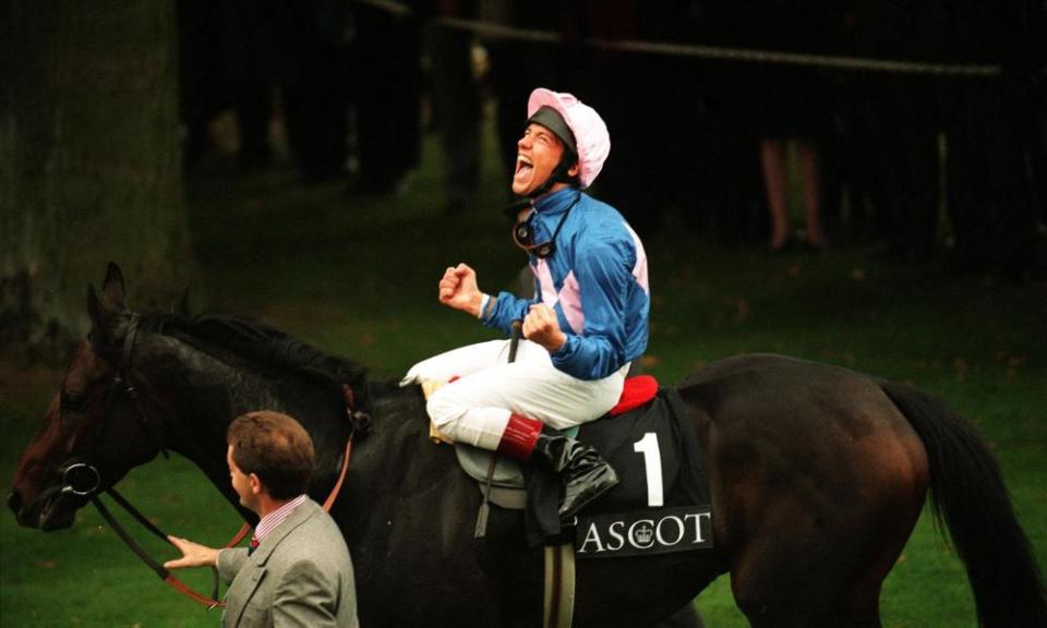 Frankie Dettori celebrates his magnificent seven at Ascot in 1996.