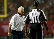 ATLANTA, GA - SEPTEMBER 17: Head Coach John Fox of the Denver Broncos yells at back judge Terrence Miles #111 during their game against the Atlanta Falcons at the Georgia Dome on September 17, 2012 in Atlanta, Georgia. (Photo by Kevin C. Cox/Getty Images)