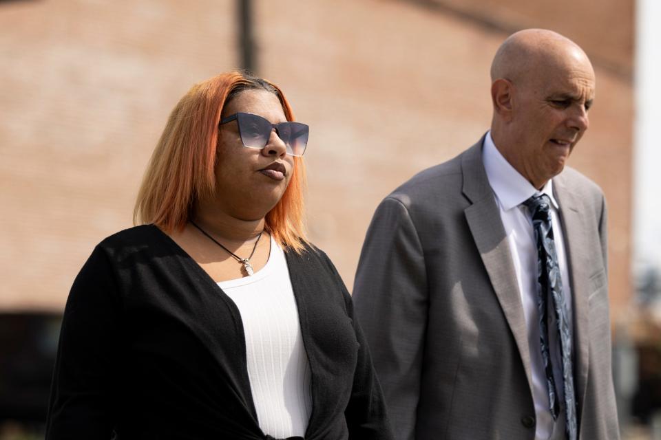 Deja Taylor arrives to the United States Courthouse in Newport News, Va., on Thursday, Sept. 21, 2023, with her lawyer James Ellenson. Taylor, the mother of a 6-year-old who shot his teacher in Virginia is scheduled to be sentenced Wednesday, Nov. 15, for using marijuana while owning a gun, which is illegal under U.S. law.