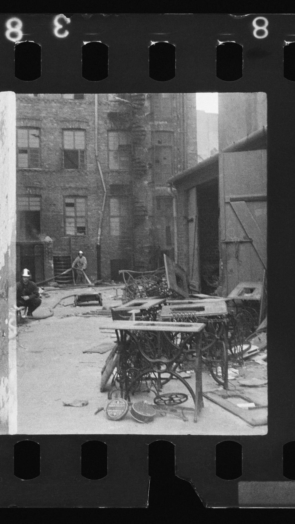 This undated handout negative taken by Polish firefighter Zbigniew Leszek Grzywaczewski negative shows the ghetto of Warsaw during the uprising of 1943, in Warsaw, Poland. On Wednesday, Jan. 18, 2023, Warsaw’s Jewish history museum presented a group of photographs taken in secret during the Warsaw Ghetto Uprising of 1943, some of which have never been seen before, that were recently discovered in a family collection.(Z. L. Grzywaczewski/courtesy of Maciej Grzywaczewski/POLIN Museum via AP)