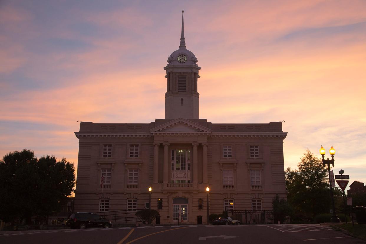 The Maury County Courthouse in downtown Columbia Courthouse sits in the last light of a summer day.