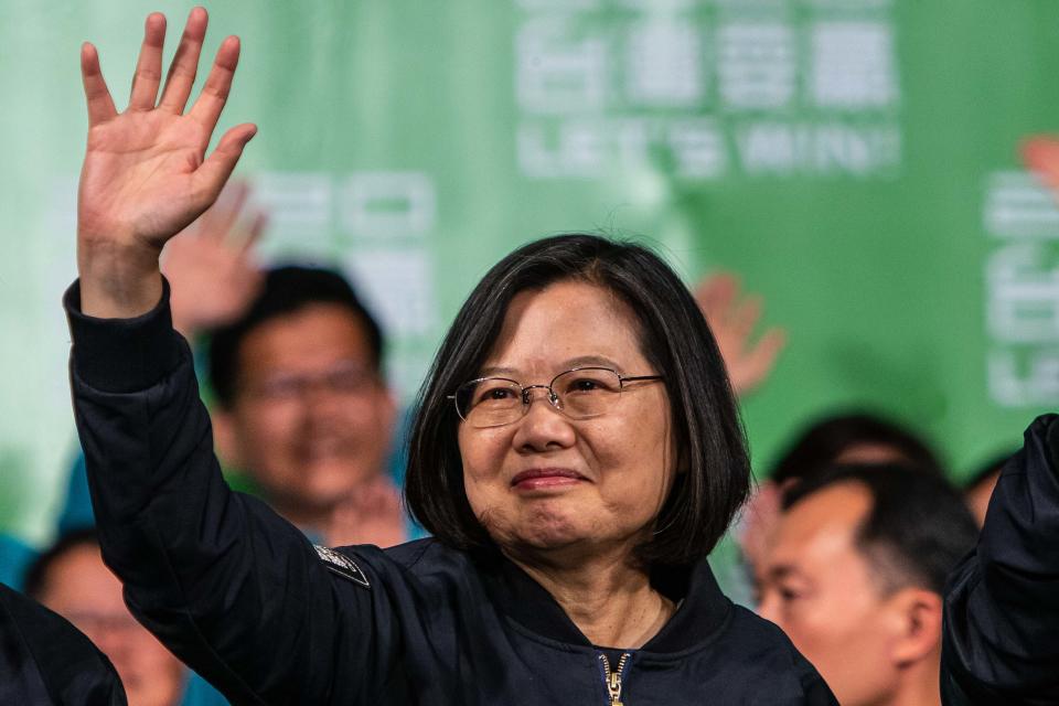 TAIPEI, TAIWAN - 2020/01/11: Tsai Ing-wen, Taiwan's president, wave to her supporters during the victory rally after winning the election. The president of Taiwan Tsai Ing-wen won a landslide victory in the 2020 presidential election by securing over 57% of the votes beating her major opponent Han Kuo-yu who only secured 38% of the votes. (Photo by Chan Long Hei/SOPA Images/LightRocket via Getty Images)