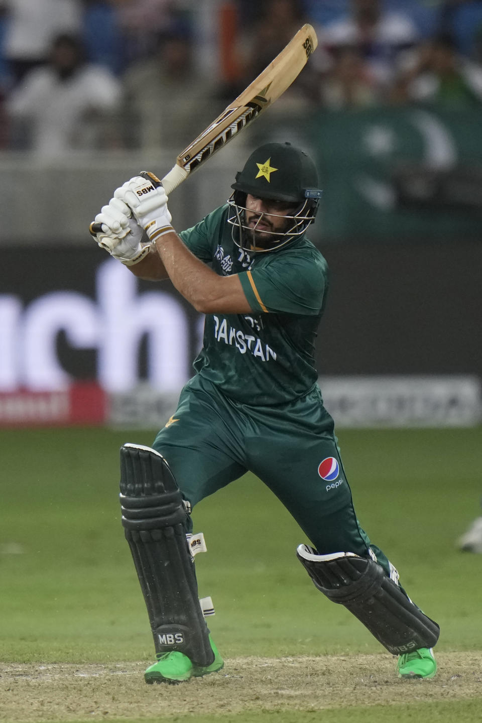 Pakistan's Mohammad Nawaz plays a shot during the T20 cricket match of Asia Cup between India and Pakistan, in Dubai, United Arab Emirates, Sunday, Sept. 4, 2022. (AP Photo/Anjum Naveed)