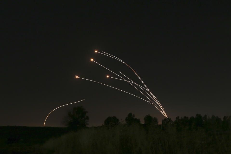 The Israeli Iron Dome air defense system takes out rockets fired from Gaza near Sderot, Israel, on May 4, 2019. (AP Photo/Ariel Schalit)