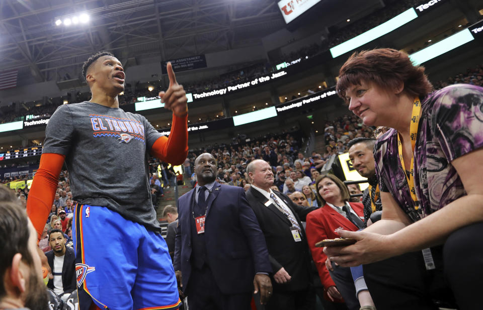 Thunder star Russell Westbrook had a heated exchange with a Jazz fan during Monday's game. (AP)