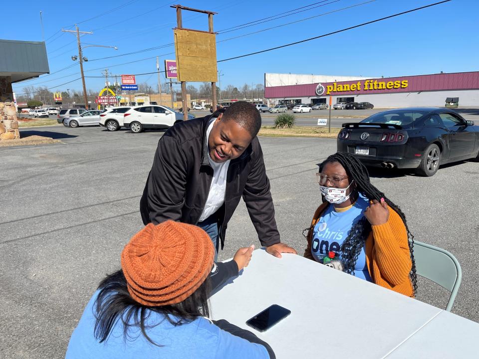 Democratic gubernatorial candidate Chris Jones speaks to campaign volunteers outside his campaign office in Pine Bluff, Ark. on Saturday, February 19, 2022. (AP Photo/Andrew DeMillo)