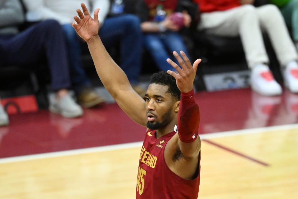 Apr 12, 2024; Cleveland, Ohio, USA; Cleveland Cavaliers guard Donovan Mitchell (45) reacts in the fourth quarter against the Indiana Pacers at Rocket Mortgage FieldHouse. Mandatory Credit: David Richard-USA TODAY Sports