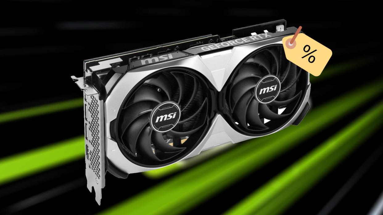  MSI RTX 4070 Ti GPU with emoji price tag attached and green backdrop. 