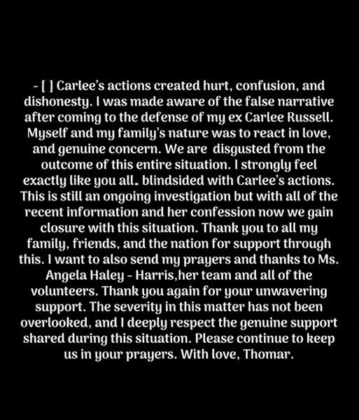 Thomar Latrell Simmons releases statement after Carlee Russell admitted she faked abduction (Thomar Latrell Simmons/Instagram)