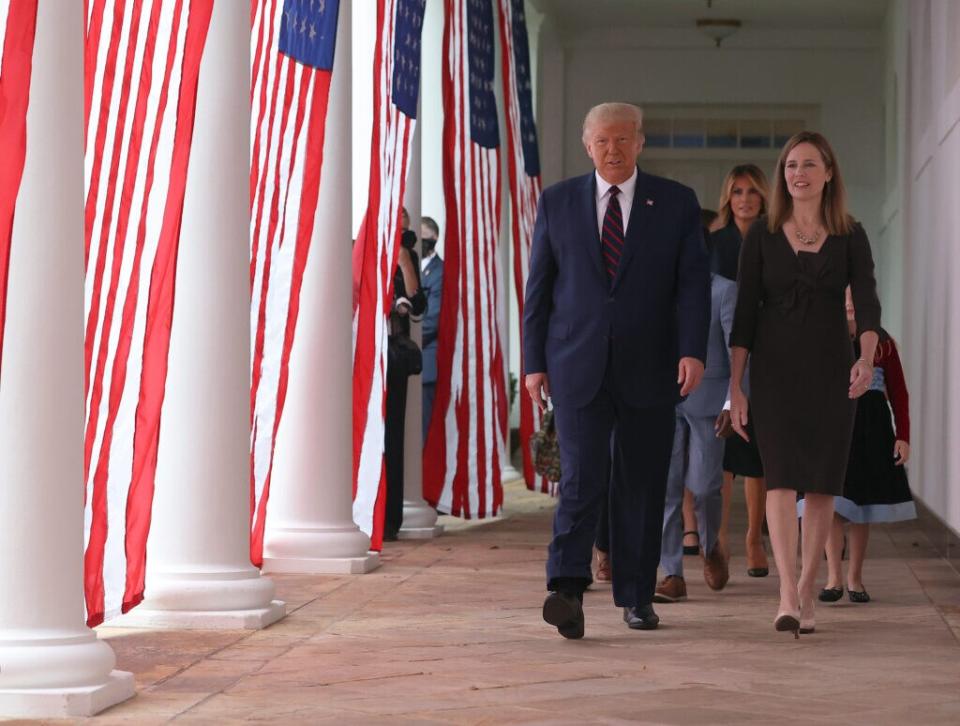 U.S. President Donald Trump arrives to introduce 7th U.S. Circuit Court Judge Amy Coney Barrett (R) as his nominee to the Supreme Court in the Rose Garden at the White House September 26, 2020 in Washington, DC. (Photo by Chip Somodevilla/Getty Images)