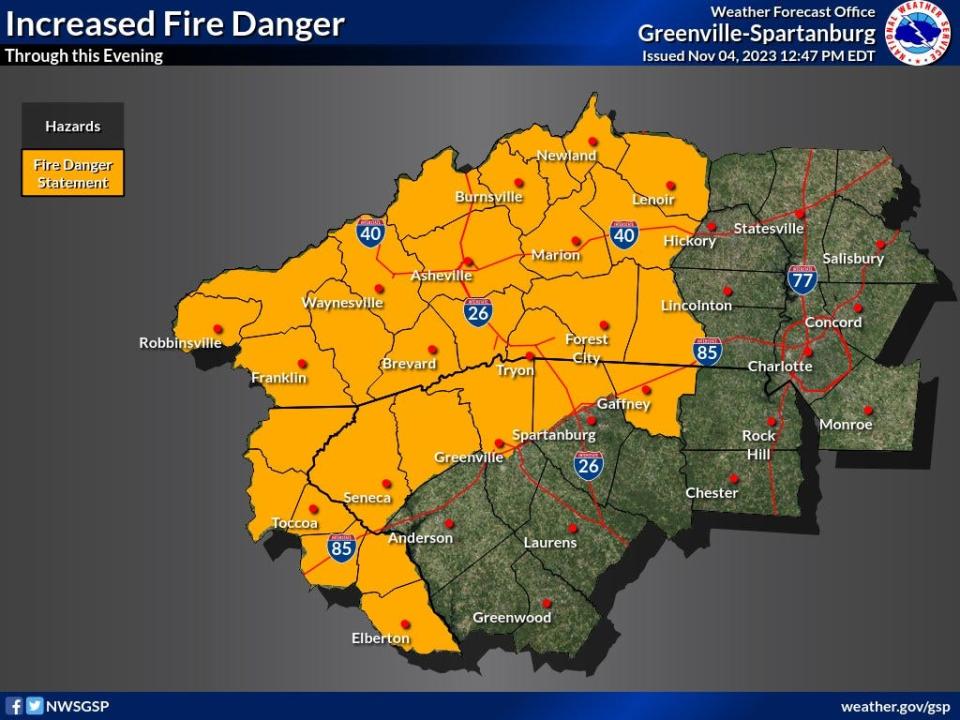 The National Weather Service map shows an increased risk of fire danger in Western North Carolina the weekend of Nov. 4-5.