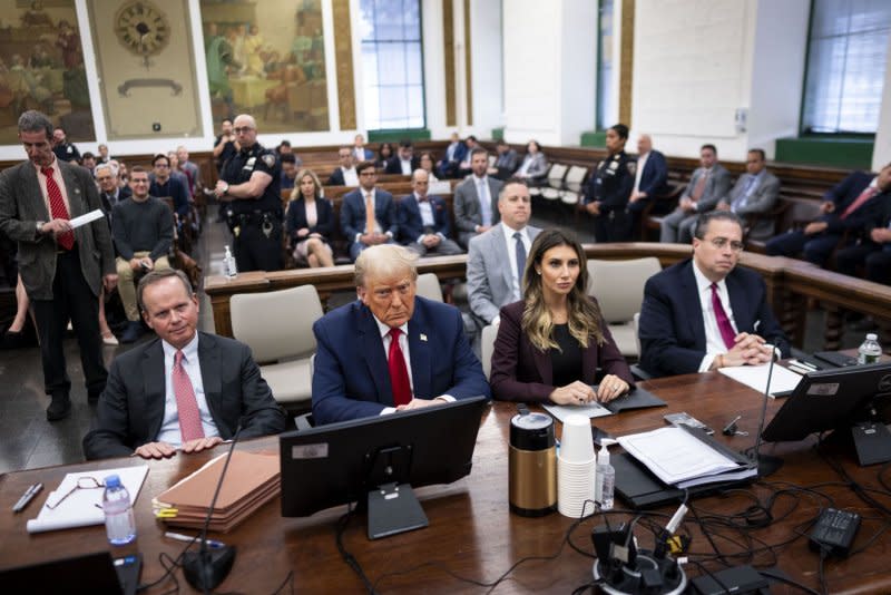 Former President Donald Trump appears in court with lawyer Alina Habba, as testimony continues in a case brought last September by New York Attorney General Letitia James. The case alleges that Trump, along with his eldest sons and family business, artificially inflated their net worth by over $2 billion through the overvaluation of their real estate holdings. Pool Photo by Doug Mills/UPI