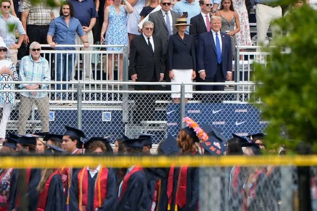 <p>AP Photo/Lynne Sladky</p> Viktor Knavs, Melania Trump and Donald Trump attend Barron Trump's high school graduation on May 17, 2024