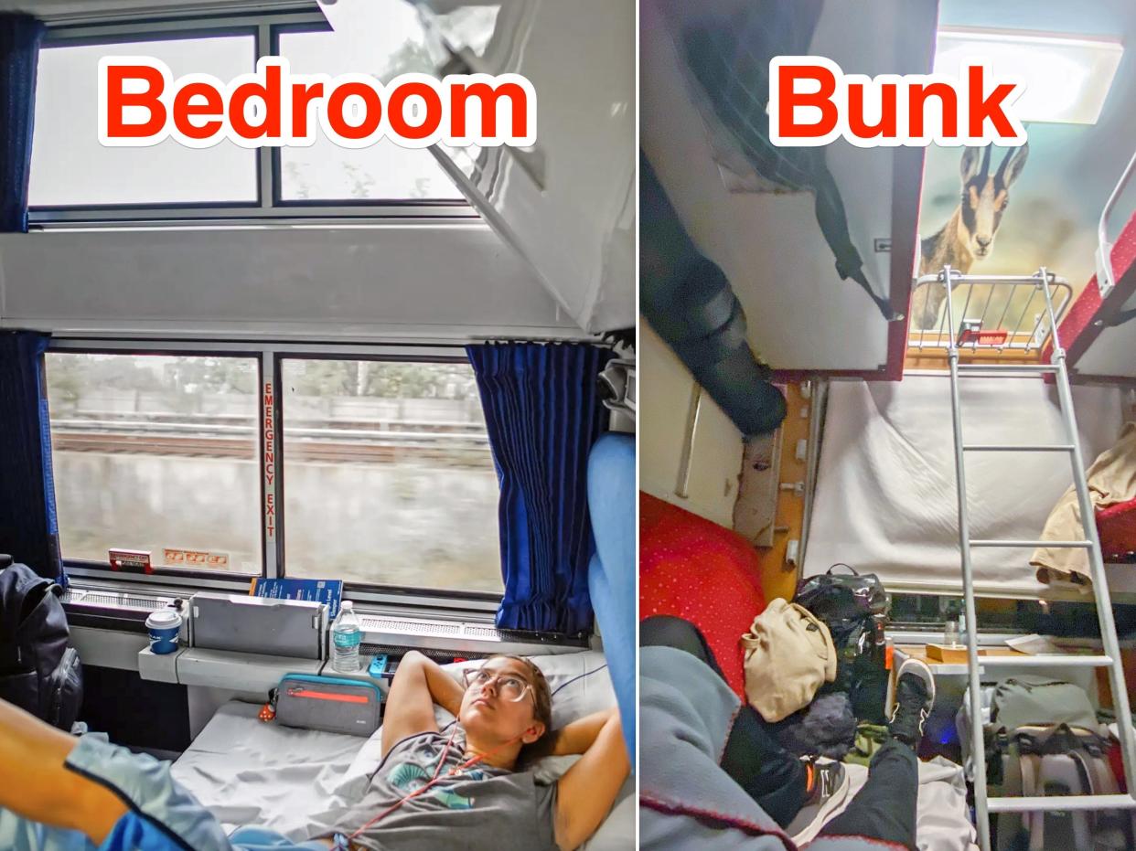 Left: the author spreads out in a train bedroom Right: the author's cramped legs in a shared bunk cabin on a train