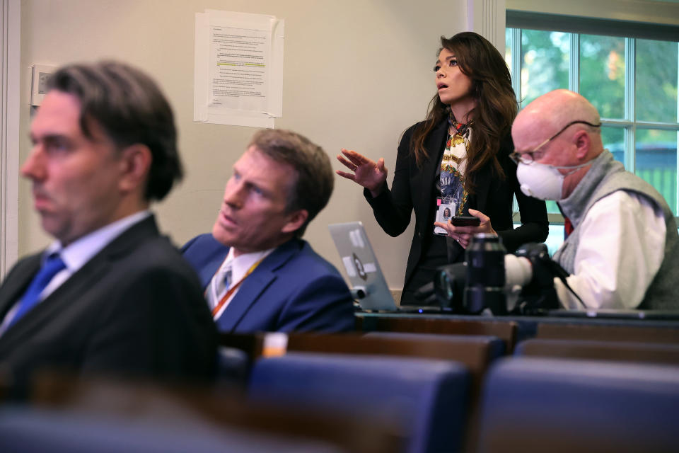 Chanel Rion, a correspondent for the cable news channel OAN, asks President Donald Trump a question in the Brady Press Briefing Room at the White House on April 6, 2020.&nbsp; (Photo: Chip Somodevilla via Getty Images)