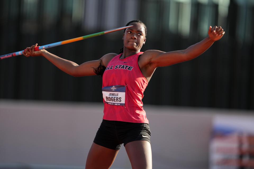 Jun 10, 2023; Austin, TX, USA; Jenelle Rogers of Ball State throws 89-7 (27.30m) in the heptathlon javelin during the NCAA Track & Field Championships at Mike A. Myers Stadium.