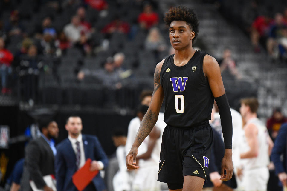 LAS VEGAS, NV - MARCH 11: Washington Huskies forward Jaden McDaniels (0) looks on during the first round game of the men's Pac-12 Tournament between the Arizona Wildcats and the Washington Huskies on March 11, 2020, at the T-Mobile Arena in Las Vegas, NV. (Photo by Brian Rothmuller/Icon Sportswire via Getty Images)