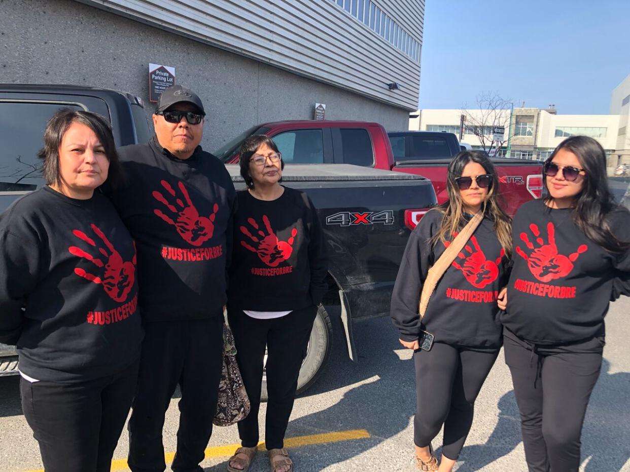 Lisa Zoe, left, is the mother of Breanna Menacho. She described her daughter as a kind, loving soul who was known for giving hugs. Zoe, along with other family and friends wore shirts demanding justice for their lost loved one. (Luke Carroll/CBC - image credit)