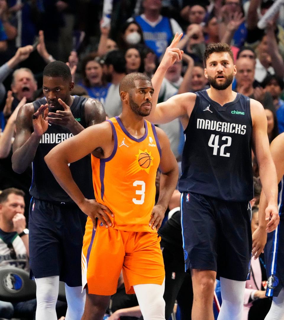 May 8, 2022; Dallas, Texas, USA;  Phoenix Suns guard Chris Paul (3) reacts after picking up his fourth foul in the second quarter against the Dallas Mavericks during game four of the second round for the 2022 NBA playoffs at American Airlines Center.