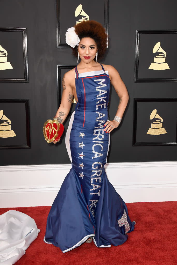 <p>In a red, white and blue “Make America Great Again” dress — singer Joy Villa made us scratch our heads with this Trump-inspired look. </p>