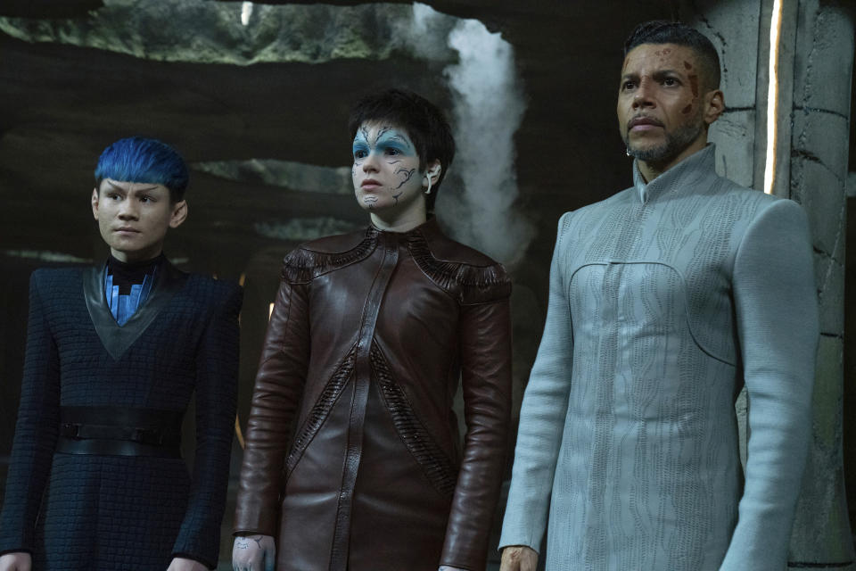 This image released by Paramount Plus shows, from left, Ian Alexander, Blu del Barrio and Wilson Cruz in a scene from the series "Star Trek: Discovery." The program won the GLAAD award for Outstanding Drama Series. (Michael Gibson/CBS via AP)