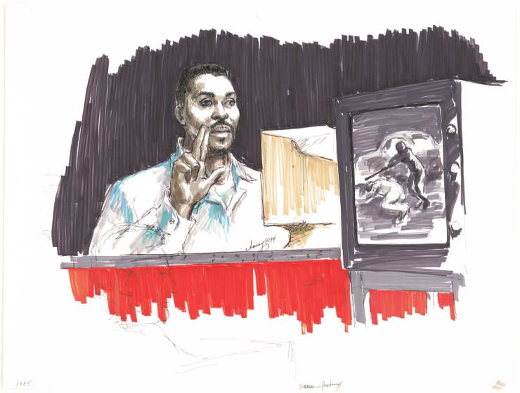 A courtroom drawing depicting Rodney King