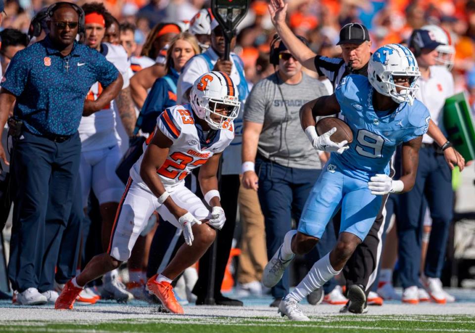 North Carolina wide receiver Devontez Walker (9) makes a 6-yard reception from quarterback Drake Maye in the first quarter on Saturday, October 7, 2023 at Kenan Stadium in Chapel Hill, N.C. Walker was granted eligibility this week by the NCAA to play in his first game of the 2023 season for the Tar Heels.