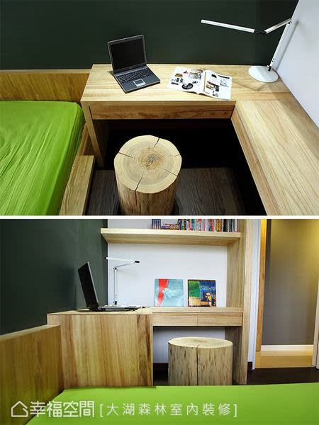 床架與書桌整體式的設計有效利用空間，而自然木質與綠色床單的選用，讓人甫一入室便有輕鬆愉悅的心情轉換。