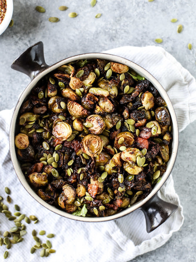 <strong>Get the <a href="http://www.howsweeteats.com/2016/11/mustard-roasted-brussels-bacon/" target="_blank">Mustard Roasted Brussels Sprouts with Bacon recipe</a> from How Sweet It Is</strong>