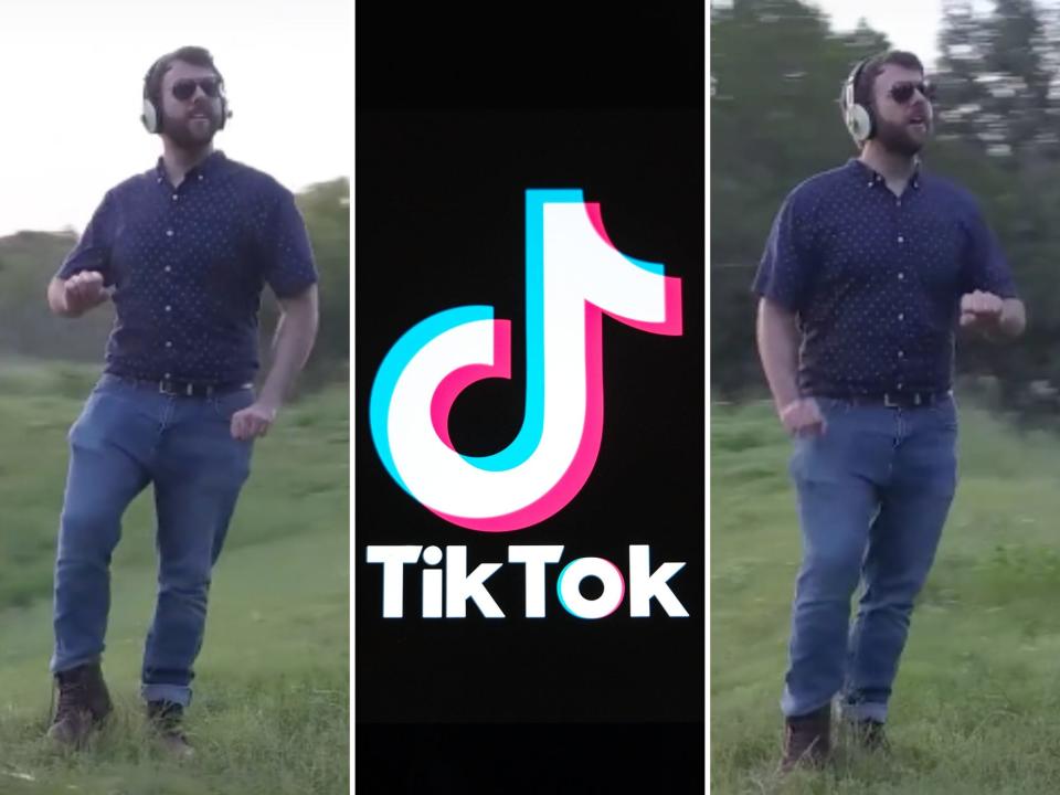 a three-panel image, the left and right images show tiktok creator @totouchanemu — a man with short hair and facial hear — dancing on a grassy hill while wearing a blue shirt, sunglasses, and white over-the-ear headphones. the center panel is the tiktok logo