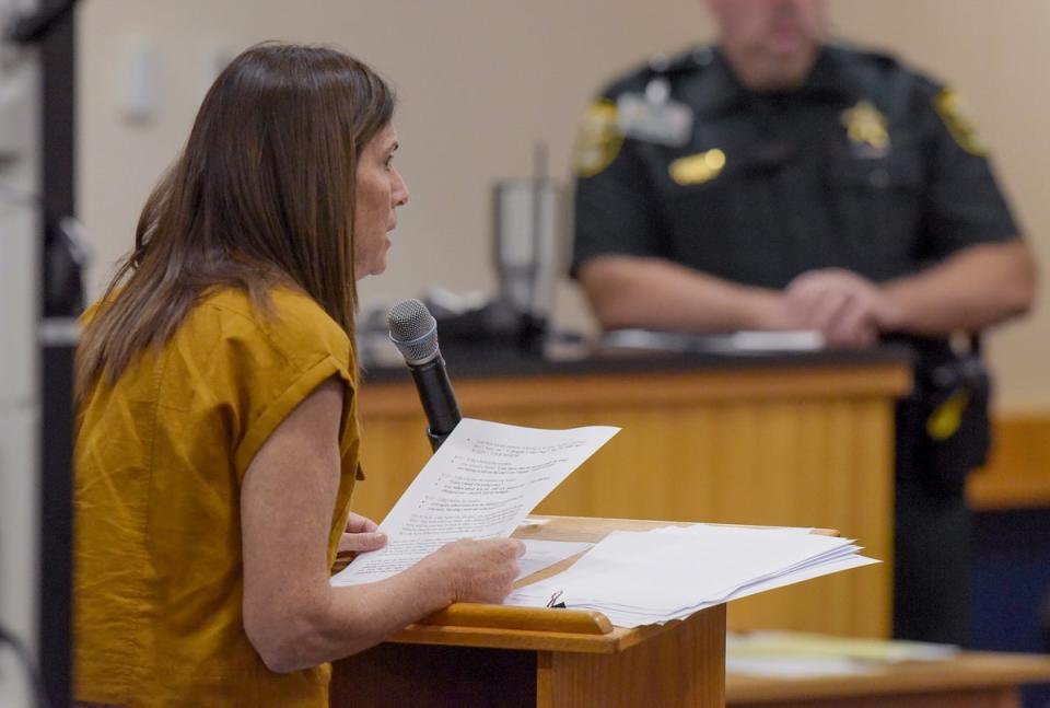 Cindy Mishcon, sister of murder victim Michelle Mishcon, reads her statement about Austin Harrouff during a court proceeding at the Martin County Courthouse on Monday. (AP)