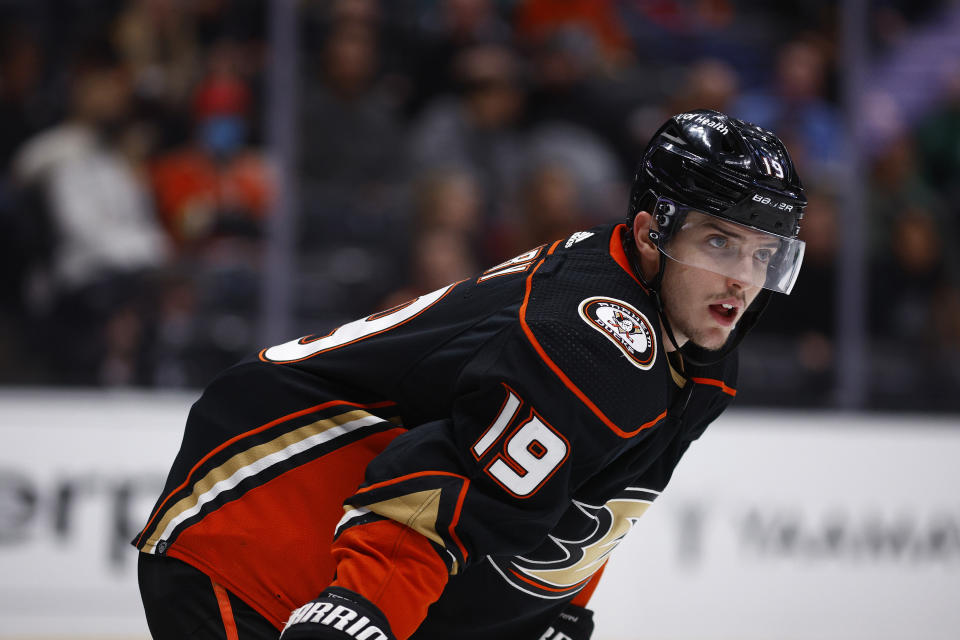 Troy Terry #19 of the Anaheim Ducks has fantasy potential tonight