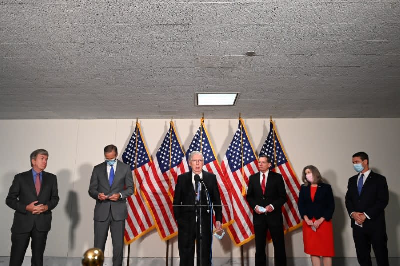 U.S. Senate Majority Leader McConnell and other Republicans speak to reporters on Capitol Hill in Washington