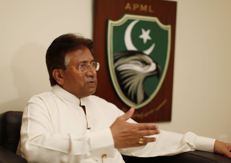 Former Pakistani president Pervez Musharraf speaks during an interview with Reuters in Dubai