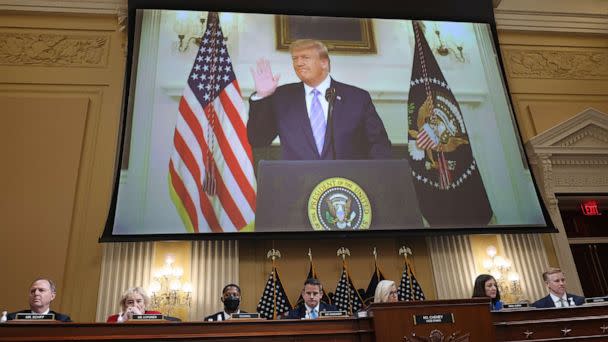 PHOTO: A video of former US President Donald Trump recording an address to the nation on January 7, 2021, is displayed on a screen during a hearing in Washington, July 21, 2022. (Win Mcnamee/Getty Images)