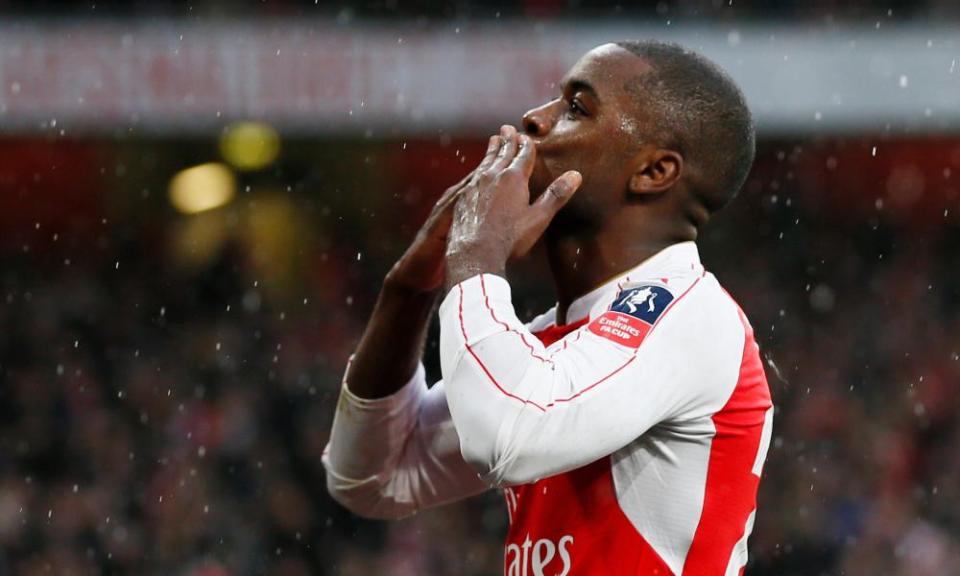 Joel Campbell celebrates after scoring for Arsenal against Sunderland in January 2016.