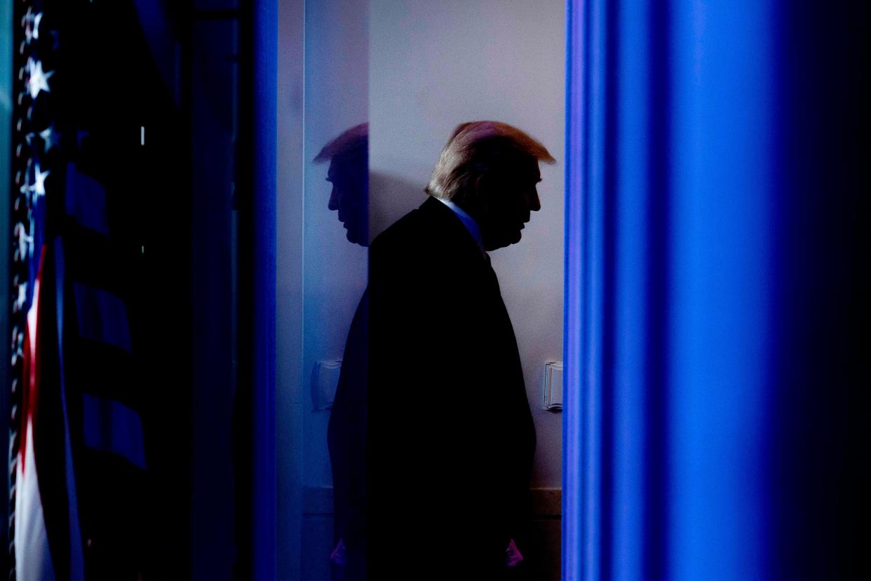 US President Donald Trump departs after speaking during the daily briefing on the novel coronavirus, which causes COVID-19, in the Brady Briefing Room of the White House on April 17, 2020, in Washington, DC (AFP via Getty Images)