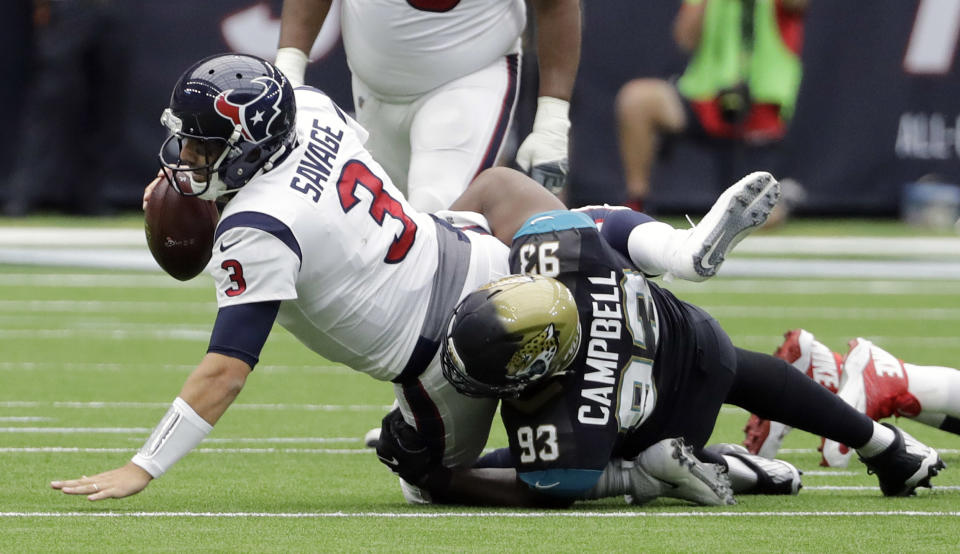 Calais Campbell got all of his sacks this season in one game, the opener against Houston. (AP) 