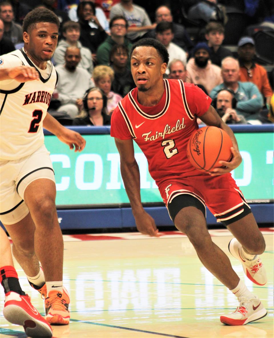 Fairfield senior Deshawne Crim scored 31 points during Fairfield's 76-51 win over Huber Heights Wayne in an OHSAA Division I boys basketball district championship game March 4, 2023, at University of Dayton Arena.