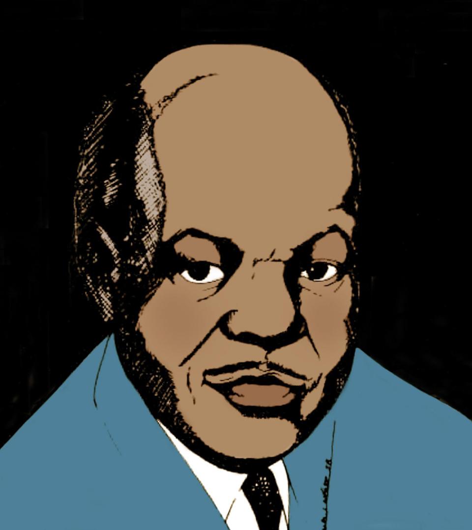 otis boykin painting that shows the american inventor in a blue suit jacket, whit collared shirt and black tie, he faces the viewer