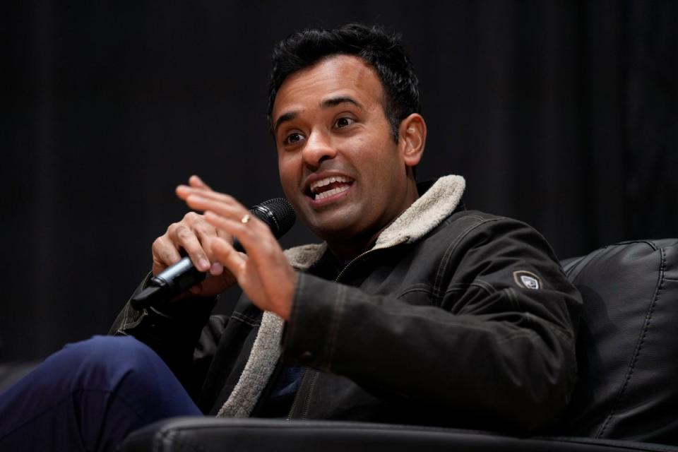 Republican presidential candidate businessman Vivek Ramaswamy speaks during U.S. Rep. Randy Feenstra's, R-Iowa, Faith and Family with the Feenstras event, Saturday, Dec. 9, 2023, in Sioux Center, Iowa (AP)